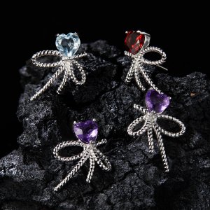 S925 Sterling Silver Natural Amethyst Garne and Topaz Gemstone Stud Earrings